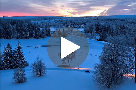 Winterlandschaft bei Sonnenuntergang mit schneebedeckten Bäumen und einem ruhigen See